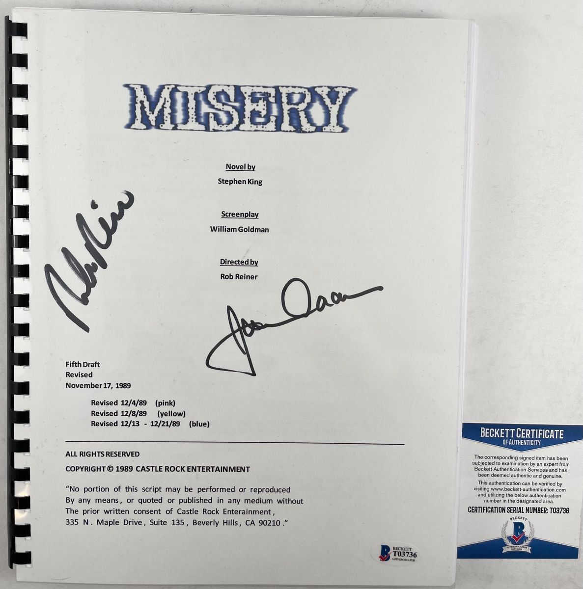 James Caan & Rob Reiner Signed Misery Complete Movie Script Autograph BAS COA