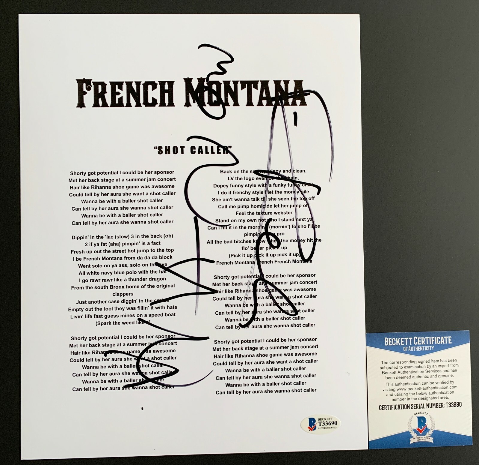 Musician French Montana Autographed "Shot Caller" Lyric Sheet Signed Beckett COA