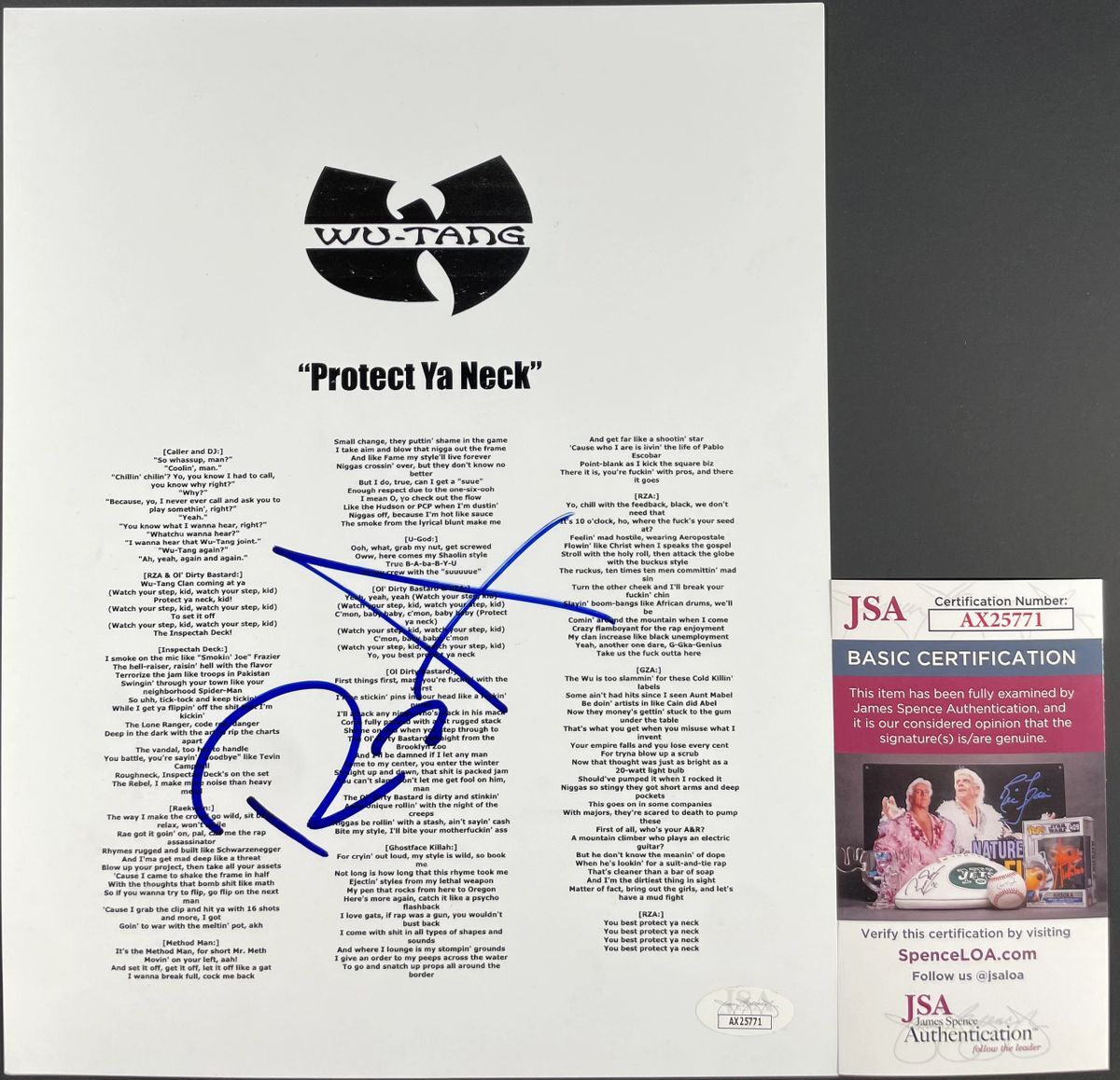 RZA Signed Wu-Tang Clan Protect Ya Neck Lyric Sheet Authentic Autograph JSA COA