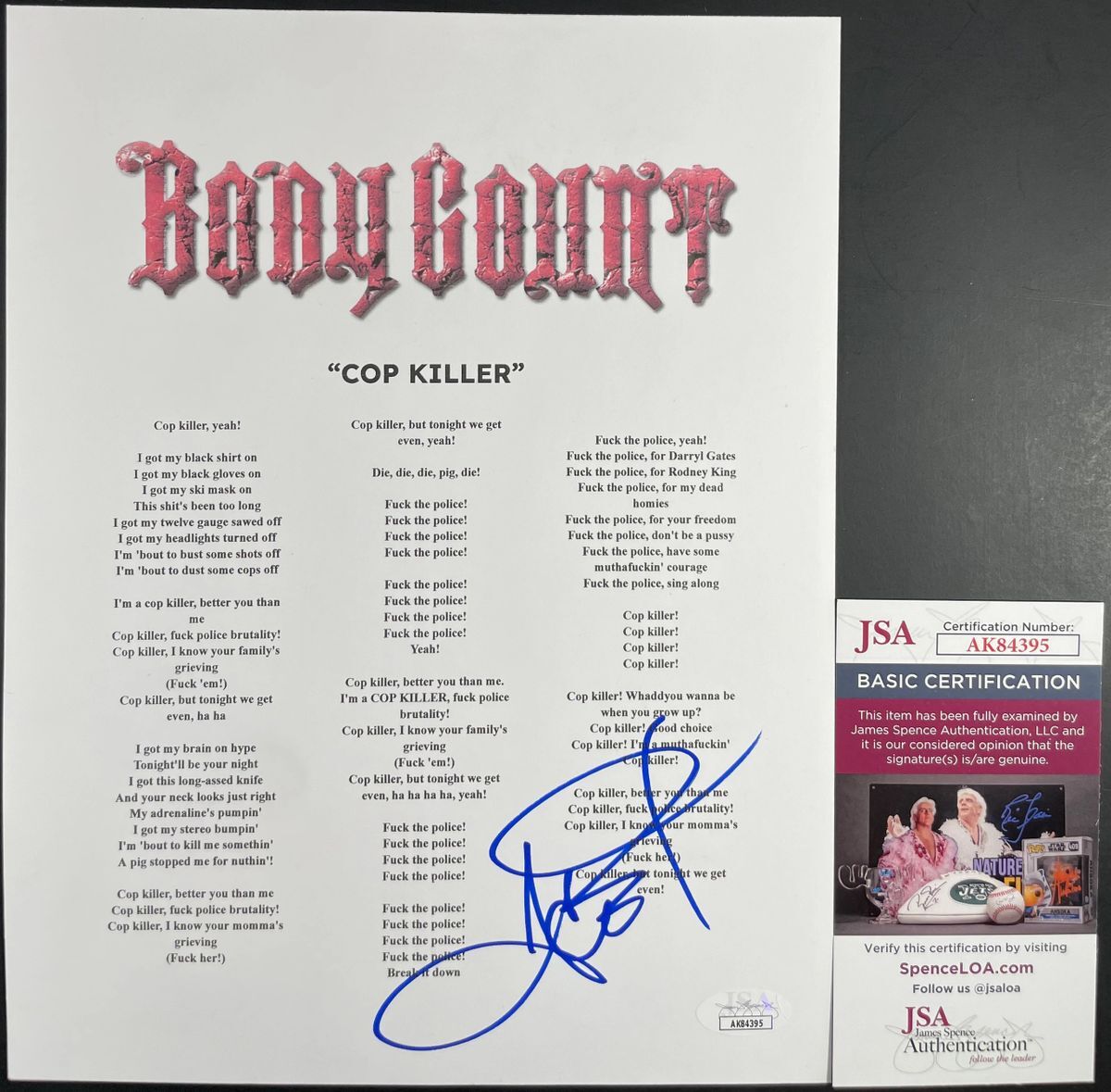 West Coast Rap Ice-T Signed Body Count Cop Killer Lyric Sheet Autograph JSA COA