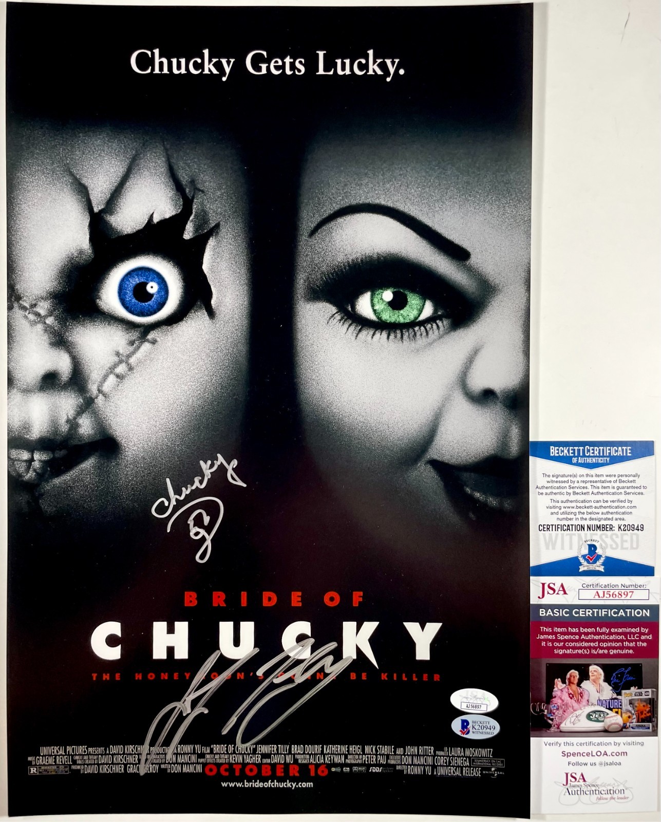 Jennifer Tilly & Ed Gale Signed Bride Of Chucky 11x17 Poster Autograph JSA COA