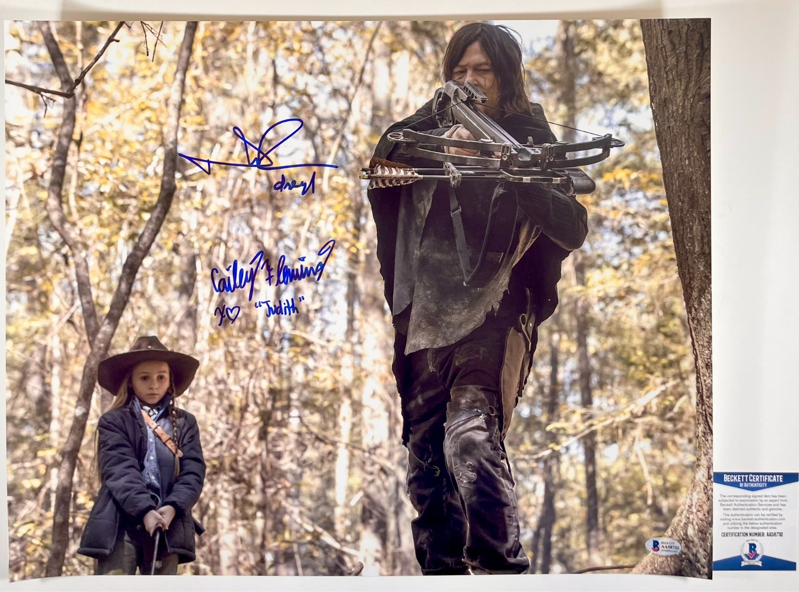 Norman Reedus & Cailey Fleming Signed The Walking Dead 16x20 Photo TWD BAS COA