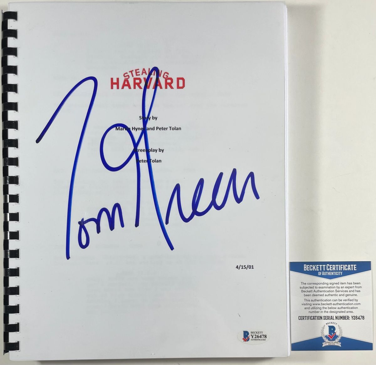 Tom Green Signed Stealing Harvard Complete Movie Script Autograph BAS COA