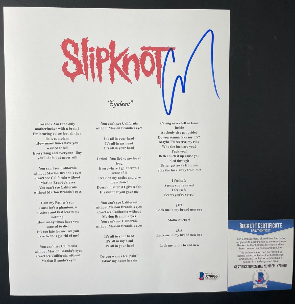 Corey Taylor Signed Slipknot Eyeless Lyric Sheet Autograph Stone Sour BAS COA