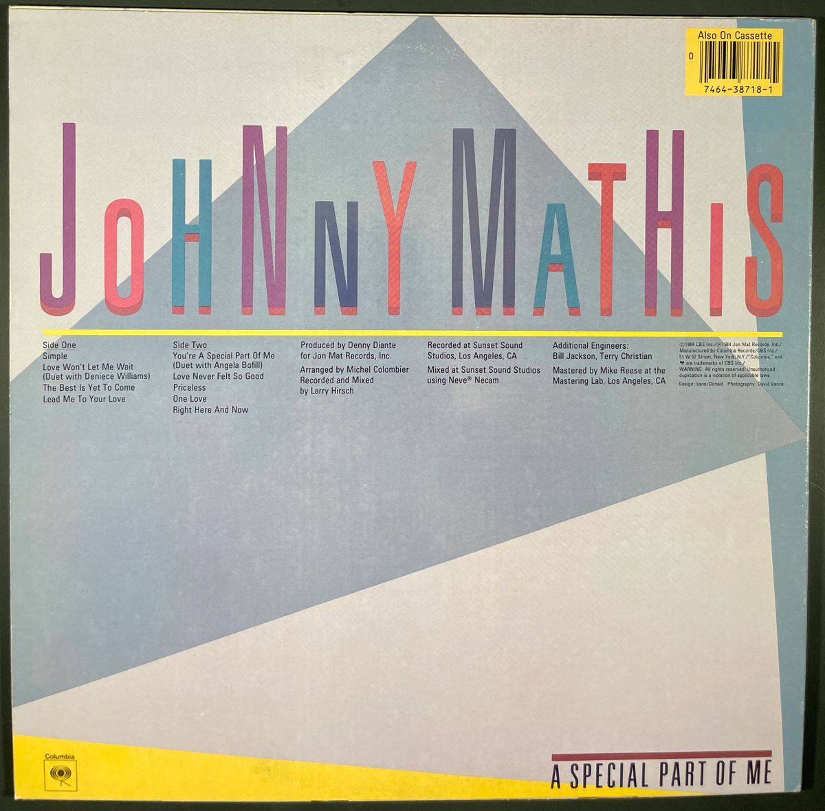Johnny Mathis Signed A Special Part Of Me Vinyl Record LP Autograph JSA COA - Image 2