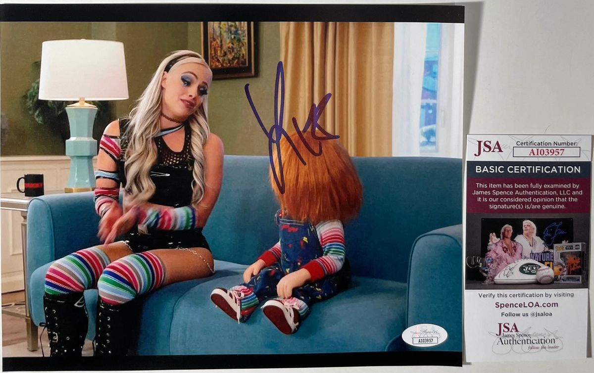 WWE NXT Liv Morgan Signed Chucky 8x10 Photo C Autograph Child's Play JSA COA