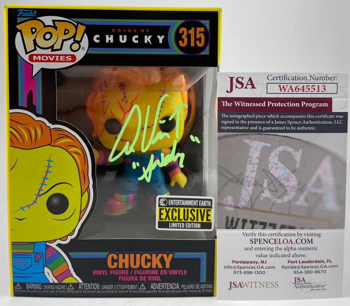 Alex Vincent Signed Chucky Exclusive Black Light Funko POP A Autograph JSA COA