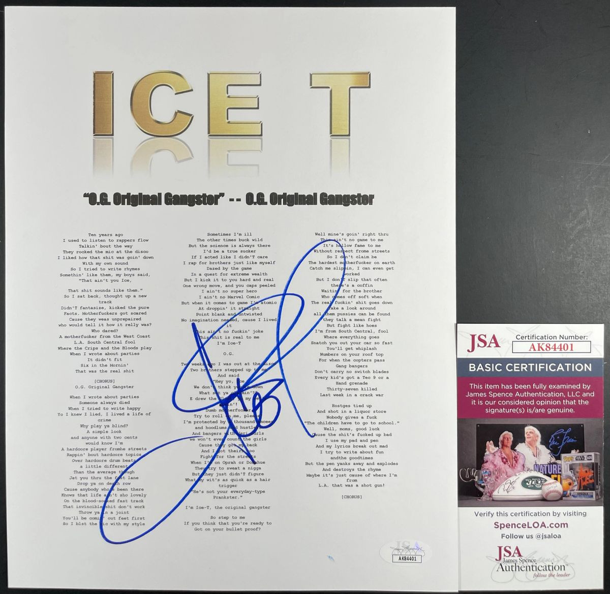 Ice-T West Coast Rapper Signed O.G. Original Gangster Lyric Sheet Auto JSA COA