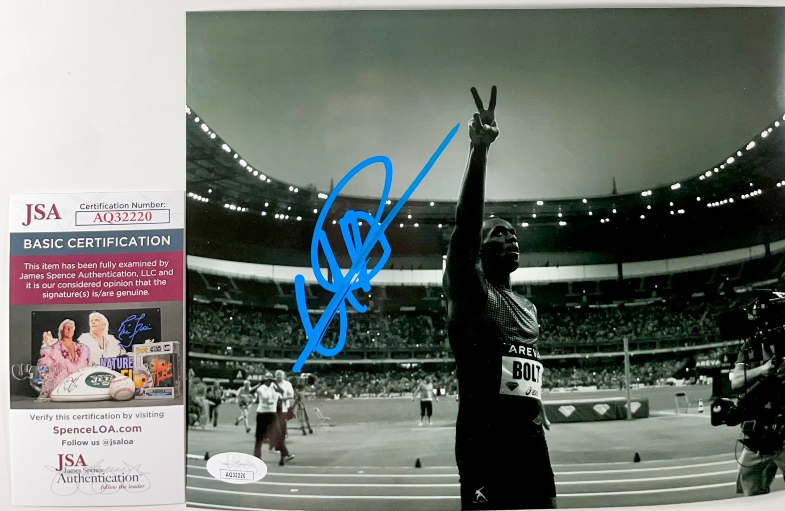 Usain Bolt Signed Meeting AREVA B&W 8x10 Photo Authentic Autograph JSA COA