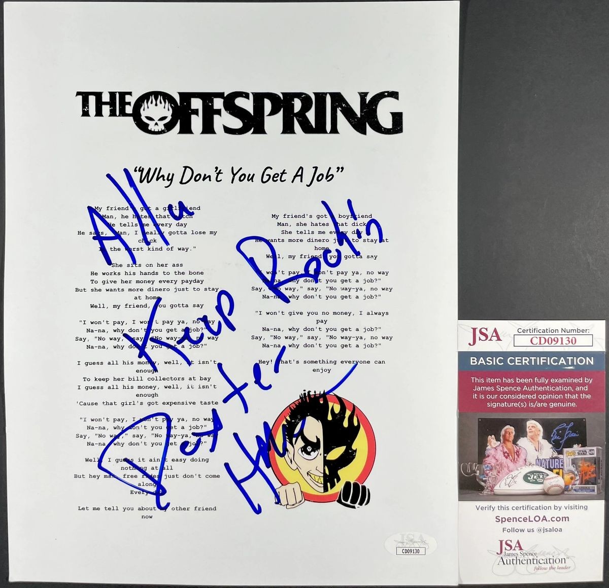 Dexter Holland Signed Why Don't You Get A Job Lyric Sheet The Offspring JSA COA