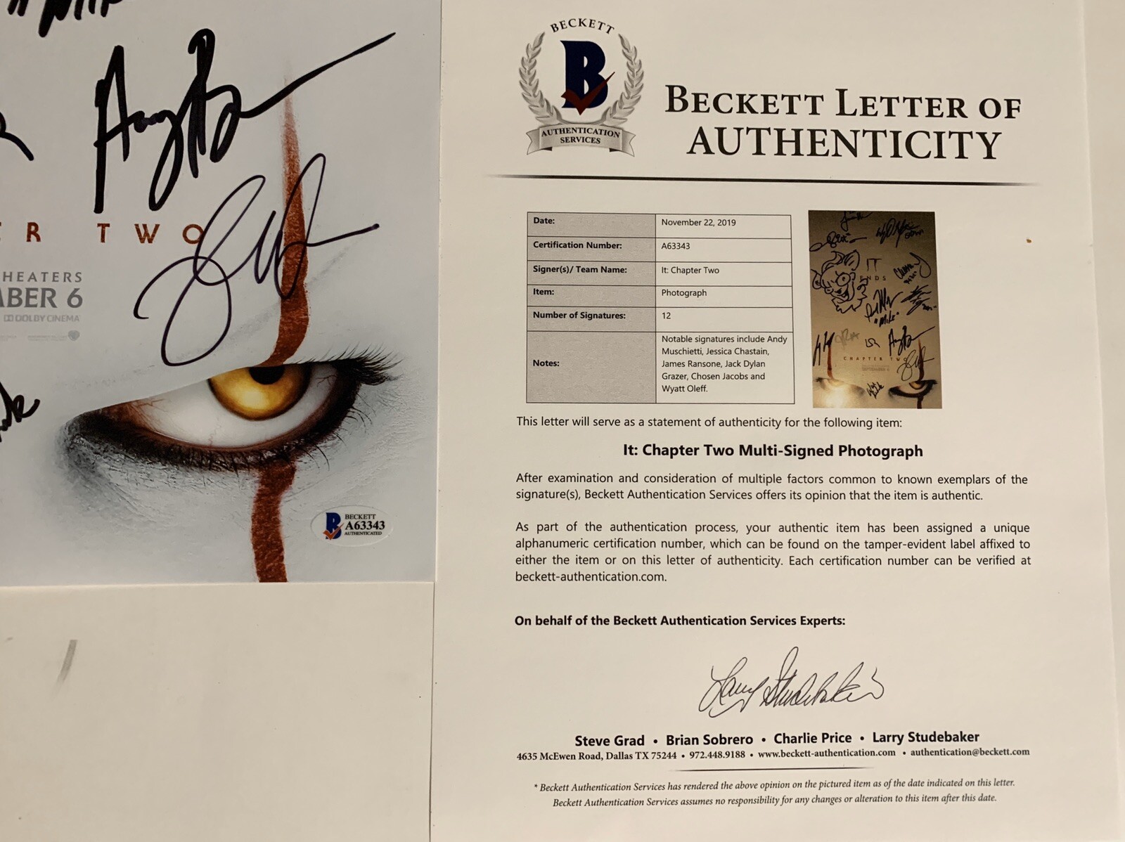 Framed IT Chapter Two Cast Signed X12 11x17 Poster Pennywise Sketch Beckett LOA - Image 5