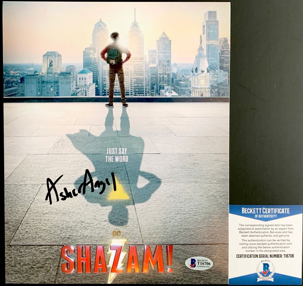Asher Angel Signed Shazam! 8x10 Mini Movie Poster Photo Autograph BAS COA