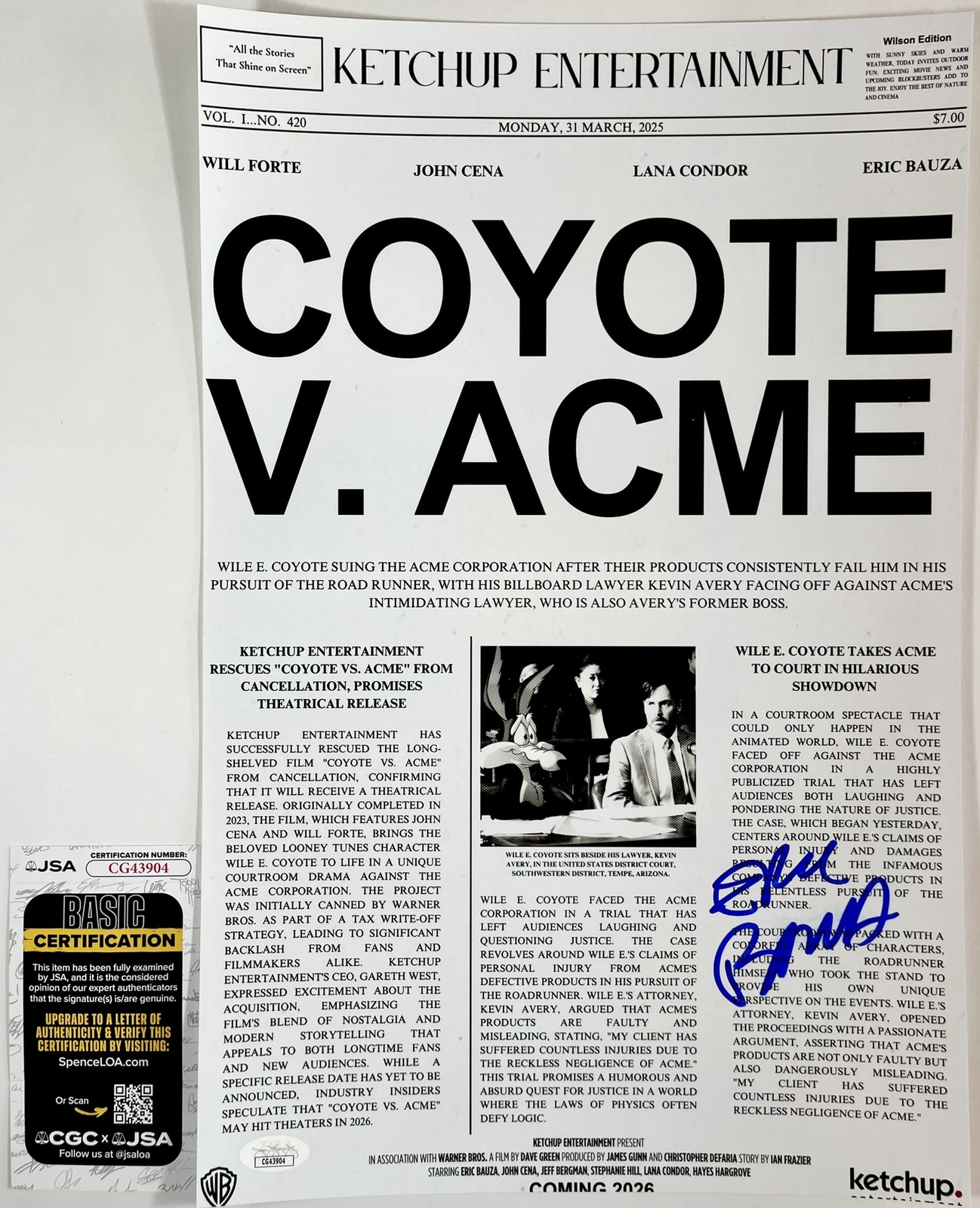 Eric Bauza Signed Coyote V. Acme 11x17 Movie Poster Authentic Autograph JSA COA