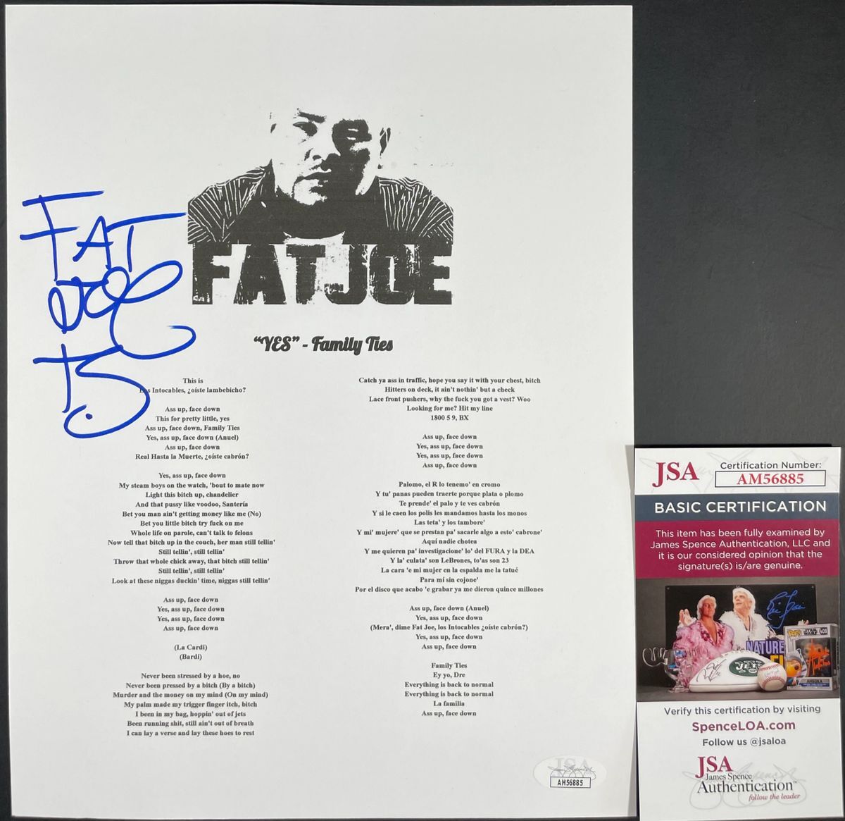 Fat Joe Signed "YES" Family Ties Lyric Sheet Music Autograph Hip Hop Rap JSA COA