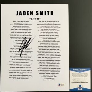 Musician Jaden Smith Autographed "ICON" Lyric Sheet Signed Rapper Beckett COA