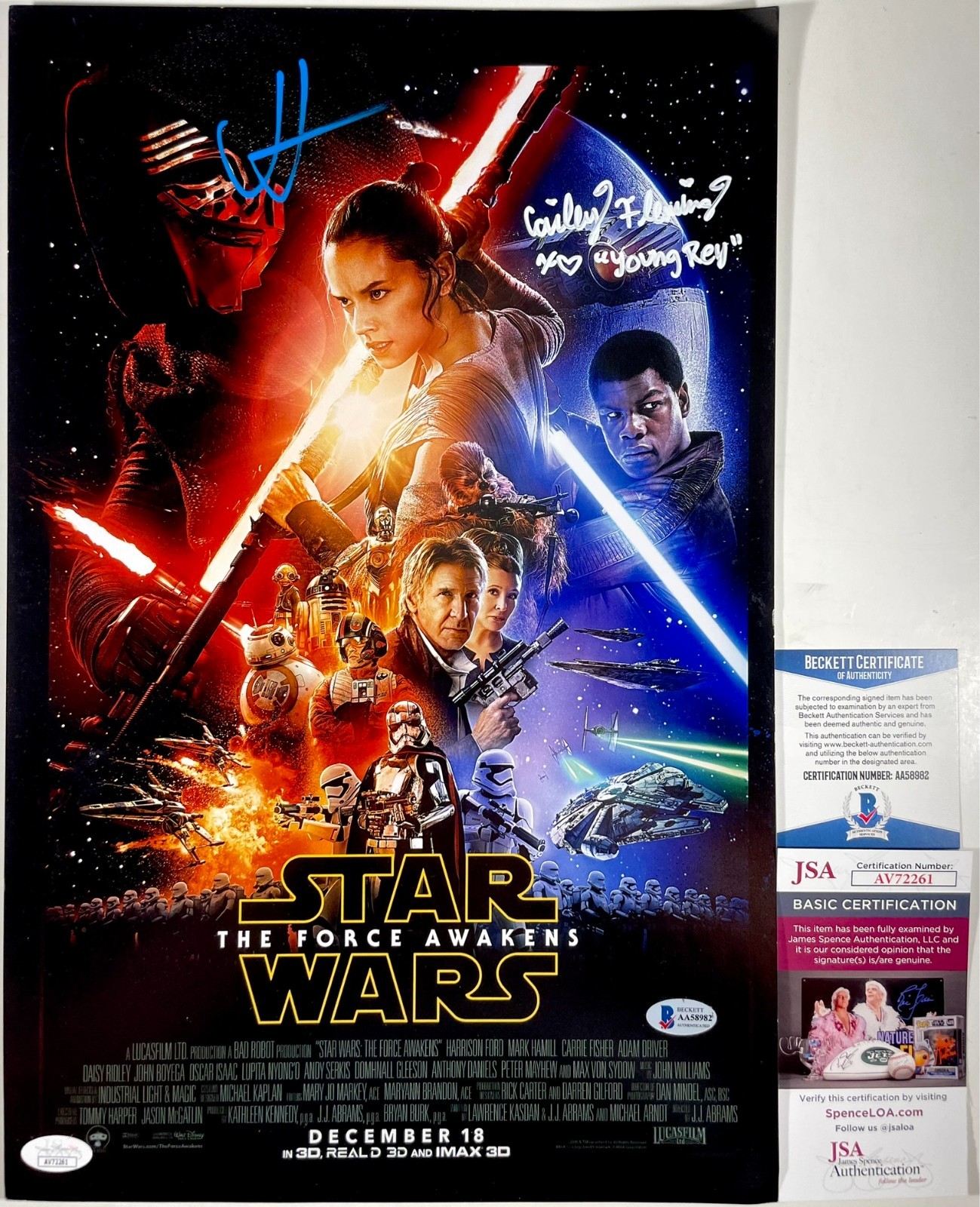 JJ Abrams & Cailey Fleming Signed Star Wars Force Awakens 11x17 Poster BAS COA