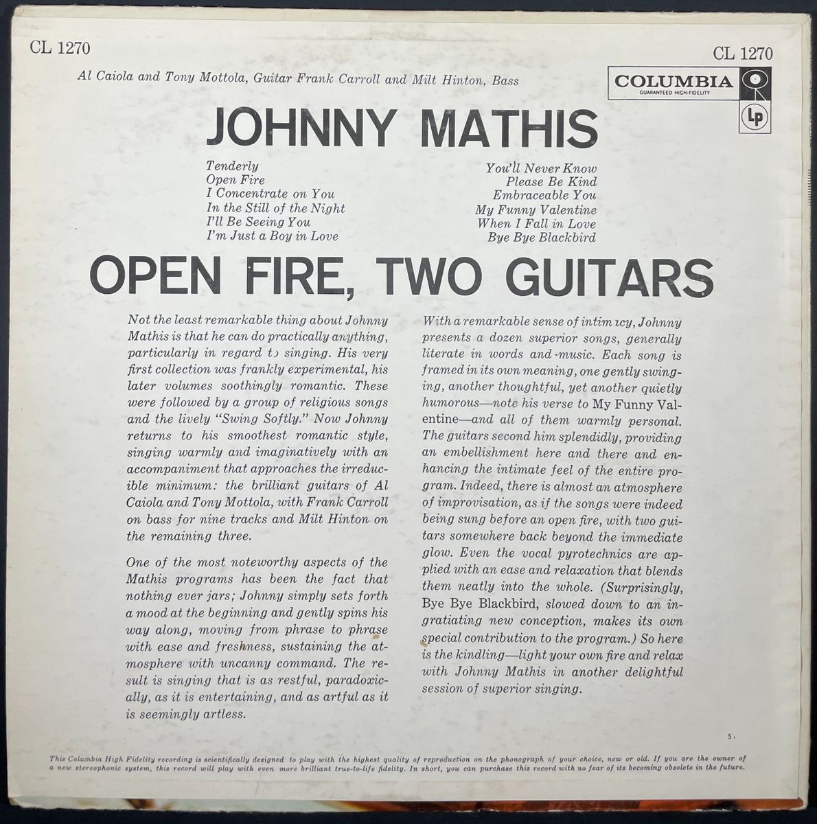 Johnny Mathis Signed One Fire, Two Guitars Vinyl Record LP Autograph JSA COA - Image 2