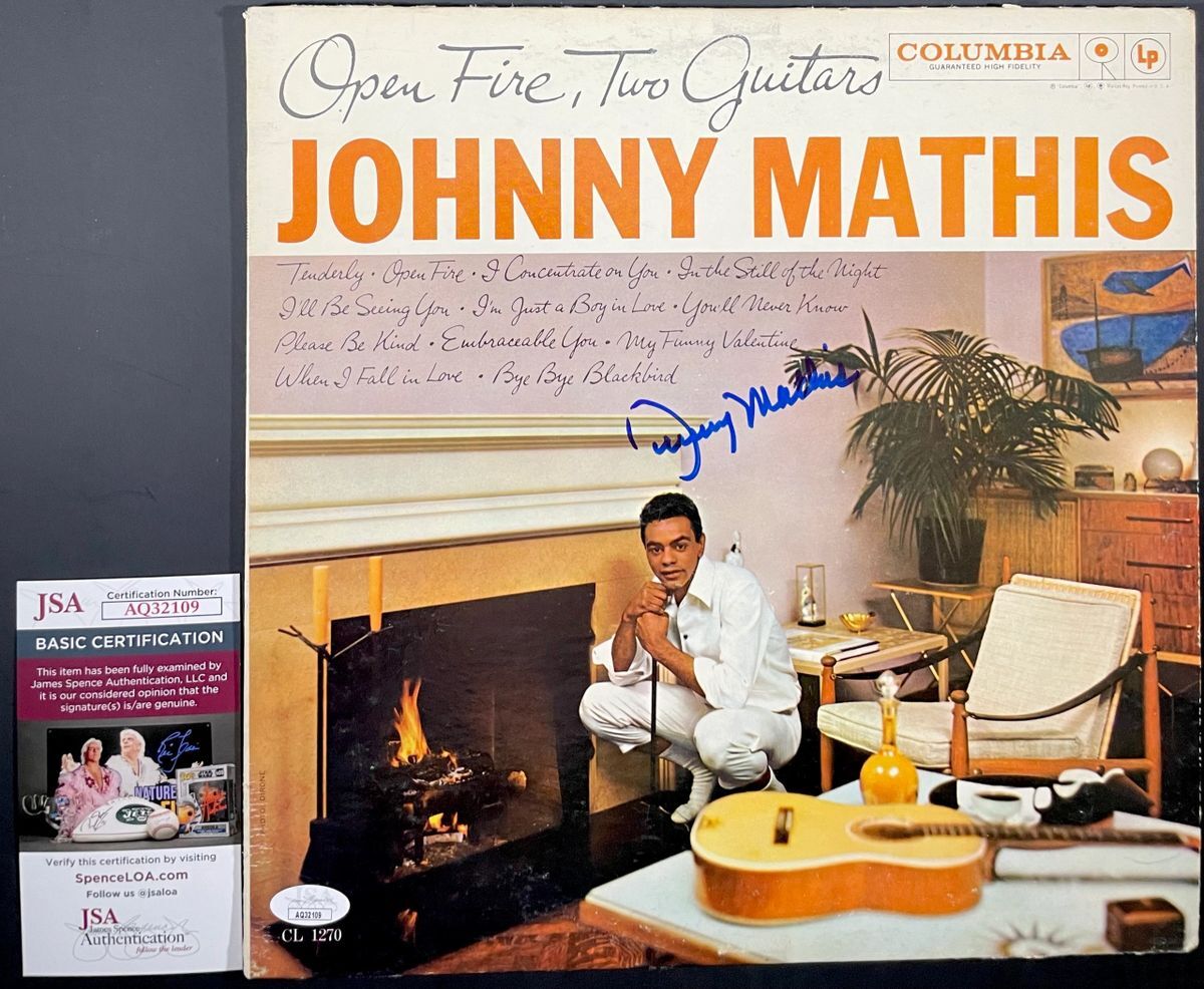 Johnny Mathis Signed One Fire, Two Guitars Vinyl Record LP Autograph JSA COA
