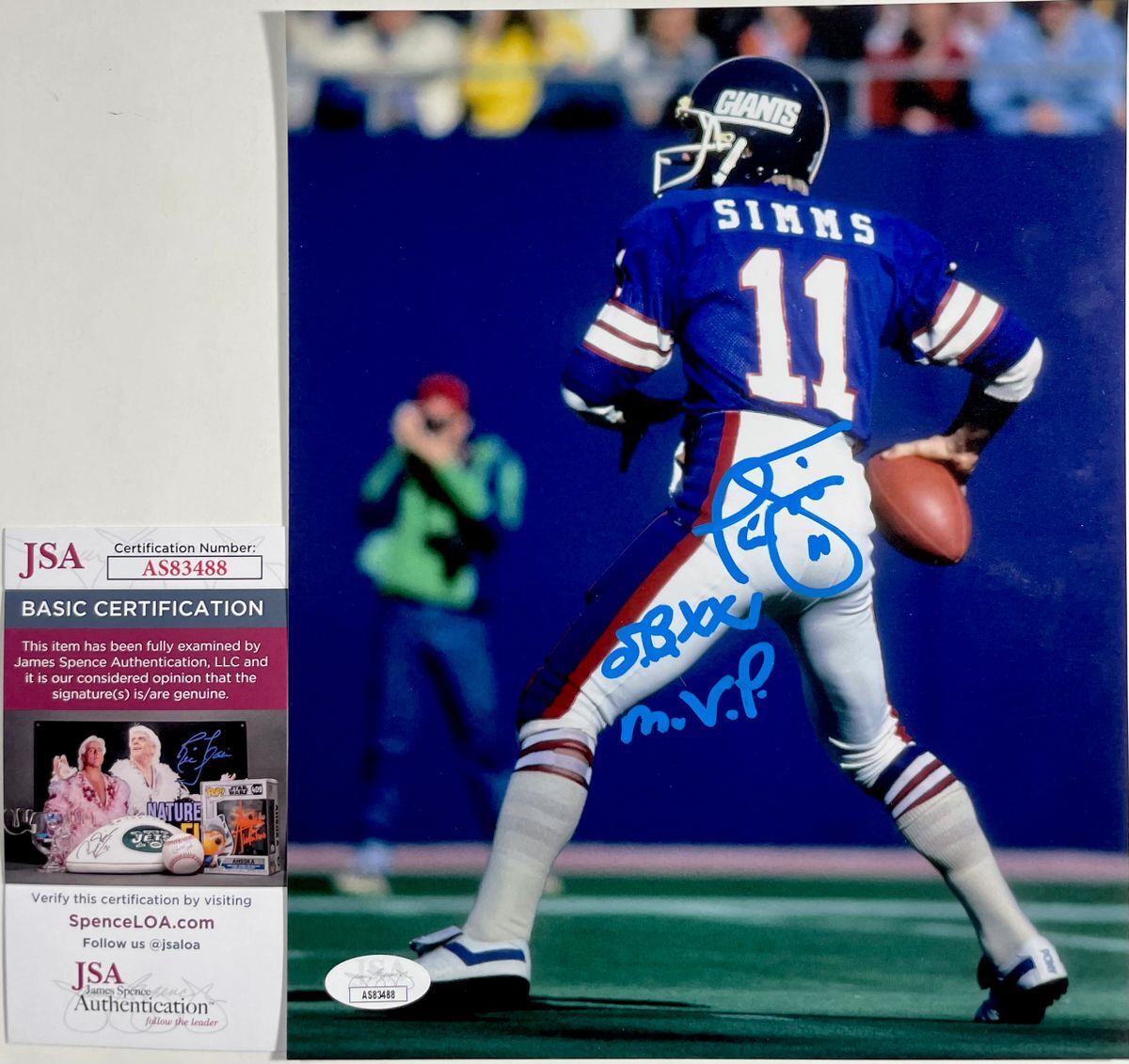 NFL New York Giants Super Bowl XXI MVP Phil Simms Signed 8x10 Photo R JSA COA