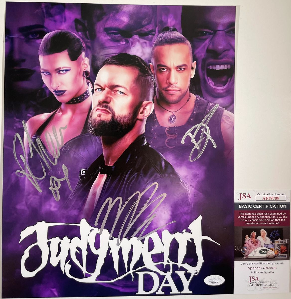 WWE Rhea Ripley, Finn Balor, & Priest Signed Judgment Day 11x14 Photo JSA COA