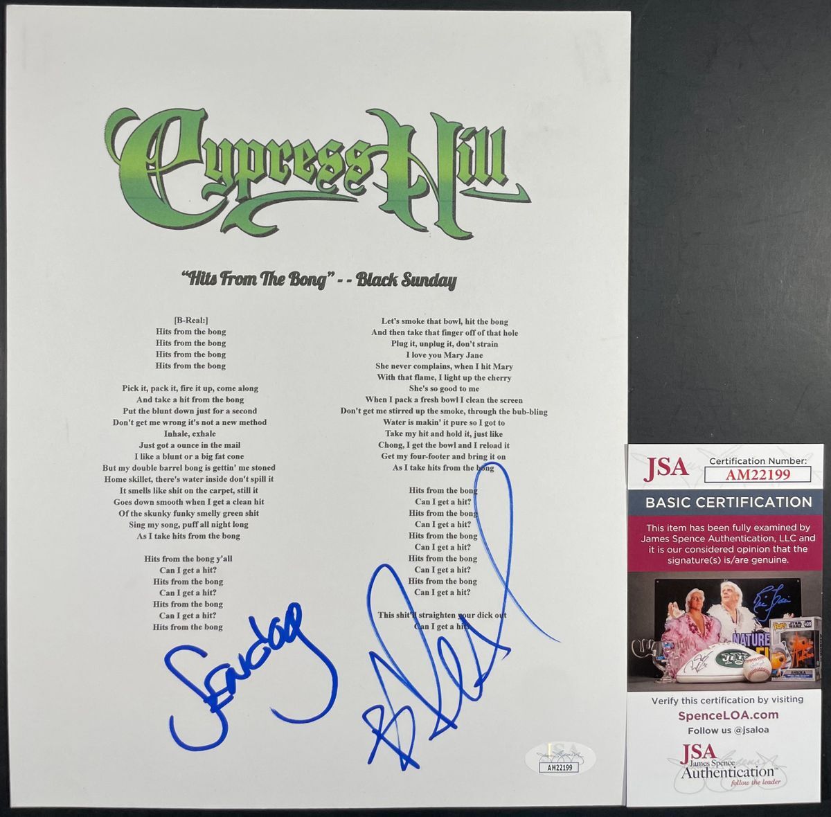 B-Real & Sen Dog Signed Cypress Hill "Hits From The Bong" Lyric Sheet JSA COA