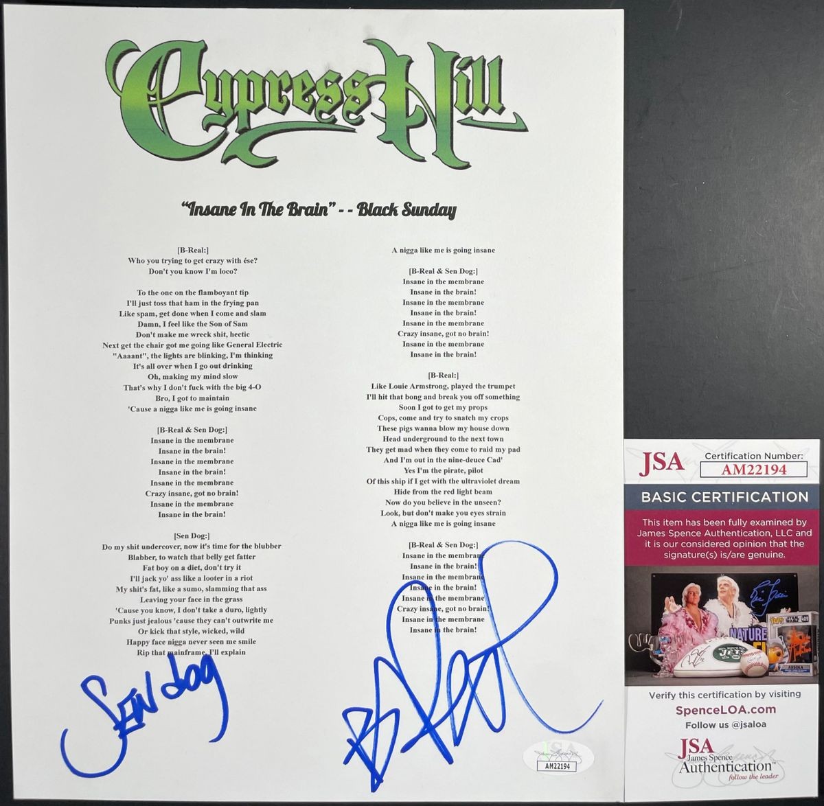 B-Real & Sen Dog Signed Cypress Hill - Insane In The Brain Lyric Sheet JSA COA
